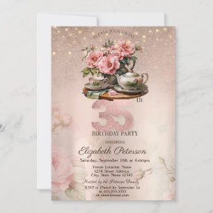 Invitation Fleurs de Tasse à Thé Pailletées Rose Doré 35e Ann