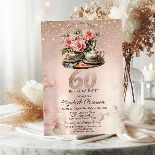 Invitation Fleurs de tasse de thé Paillettes Rose Gold 60e An