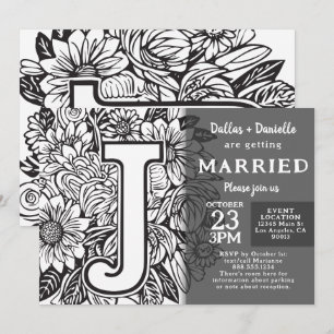 Invitation Fleurs de tatouage de monogramme noir et blanc J M