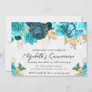 Invitation Fleurs de Teal et d'Or à l'aquarelle pour Quincean
