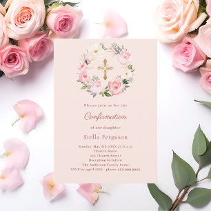 Invitation Fleurs de teinte rose pâle croix Confirmation