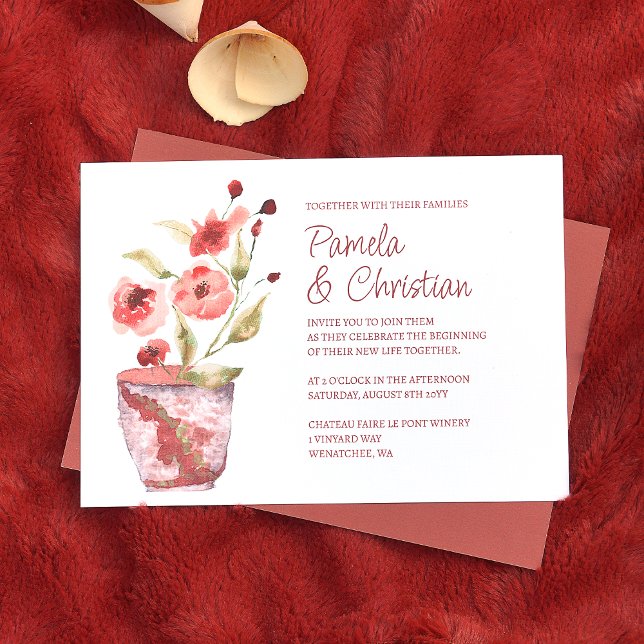 Invitation Fleurs de terre cuite, Mariage de pots d'argile bo (terracotta rust clay pot wedding invitations, floral copper pink flowers and green leaves)