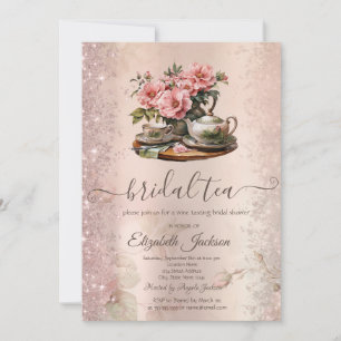 Invitation Fleurs de théière vintage scintillement 