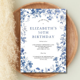 Invitation Fleurs de toile bleue et blanche aquarelle 50e ann