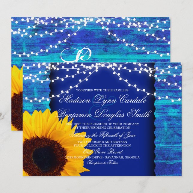 Invitation Fleurs de tournesol et lumières de fée Mariage ble (Devant / Derrière)