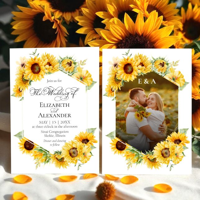 Invitation Fleurs de Tournesol Géométrique Automne Photo Mari (Créateur téléchargé)