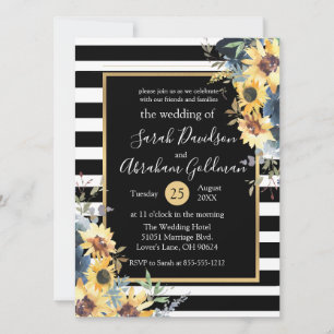 Invitation Fleurs de tournesols à rayures noires et blanches