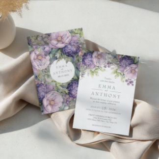 Invitation Fleurs de verdure aquarelle mariage lavande sauge