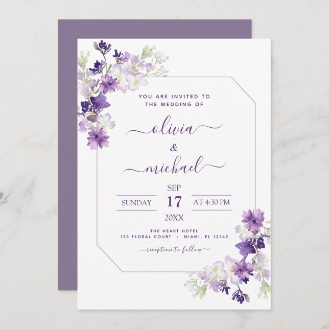 Invitation Fleurs de verdure mariage violet poussiéreux (Devant / Derrière)