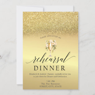 Invitation Fleurs de Verre à Vin Pailleté Or Dîner de Répétit