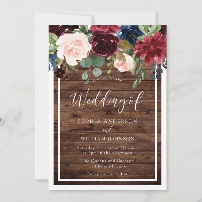 Invitation Fleurs de vin rouge Bourgogne Mariage de bois rust (Devant)