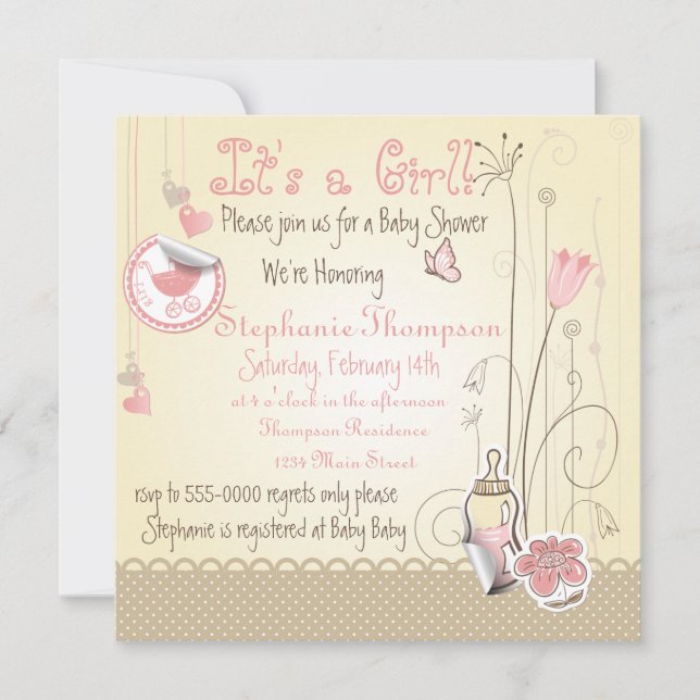 Invitation Fleurs de Whimsical C'est un Baby shower de fille (Devant)