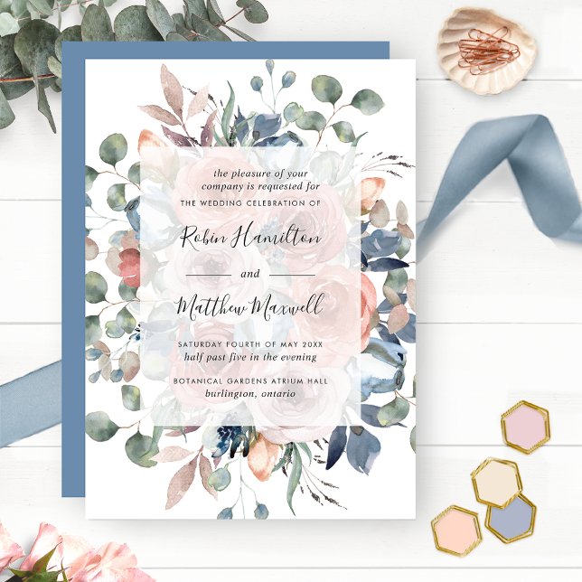 Invitation Fleurs délicates avec verdure, Mariage bleu Dusty (Créateur téléchargé)
