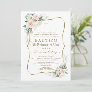 Invitation Fleurs délicates blush blanc 1er anniversaire bapt