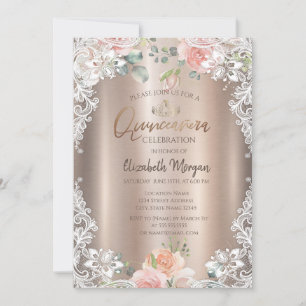 Invitation Fleurs, Dentelle, Tiara Quinceañera