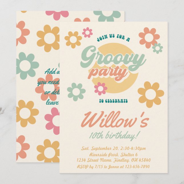 Invitation Fleurs des années 70 super fête d'anniversaire, to (Devant / Derrière)