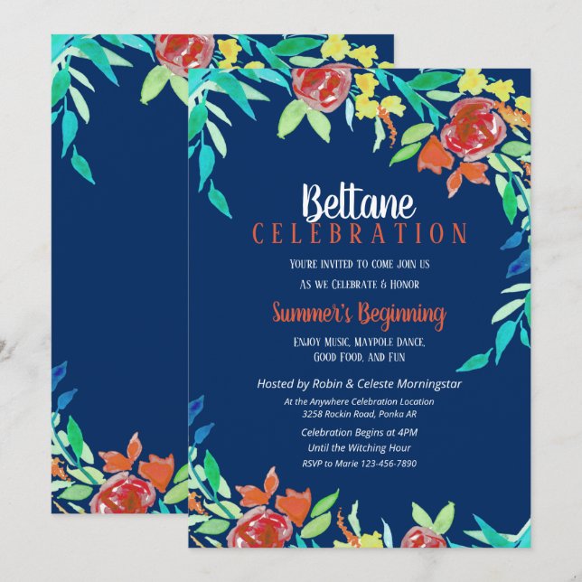 Invitation Fleurs d'été Beltane Wicca Aquarelle Bleu (Devant / Derrière)