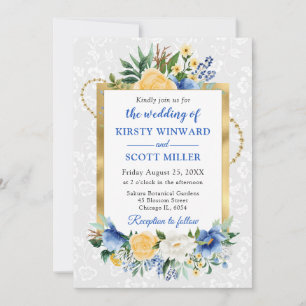 Invitation Fleurs d'été bleues et jaunes Mariage feuille d'or