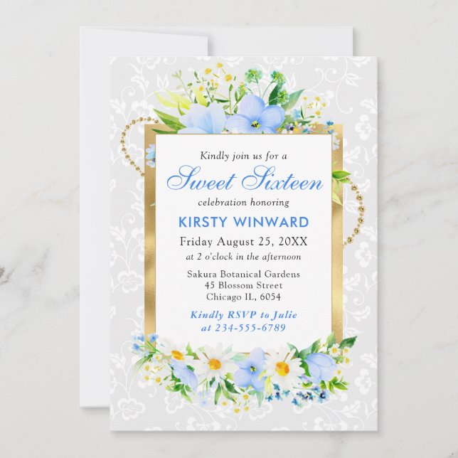 Invitation Fleurs d'été bleues et marguerites Gold Foil Sweet (Devant)