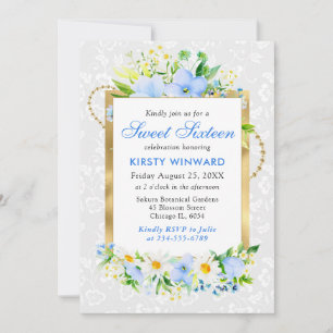 Invitation Fleurs d'été bleues et marguerites Gold Foil Sweet