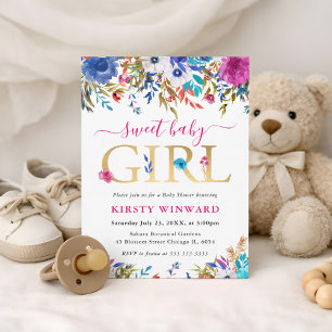 Invitation Fleurs d'été bleues, roses et blanches Baby Shower