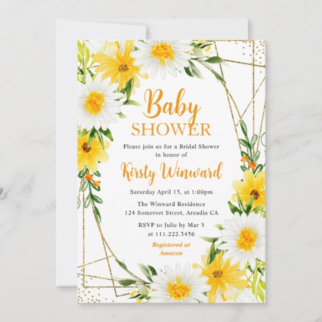 Invitation Fleurs d'été jaunes et Baby shower cadre or (Devant)