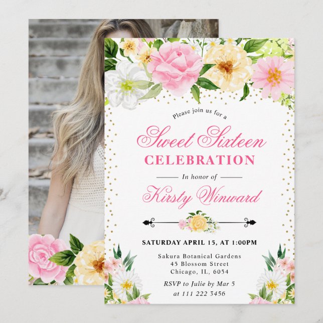 Invitation Fleurs d'été jaunes et roses Photo Sweet 16 (Devant / Derrière)