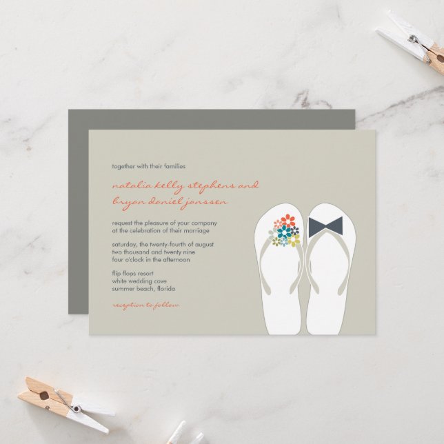 Invitation Fleurs d'été Mariée et Groom Flip Flops Mariage (Devant/Arrière en situation)