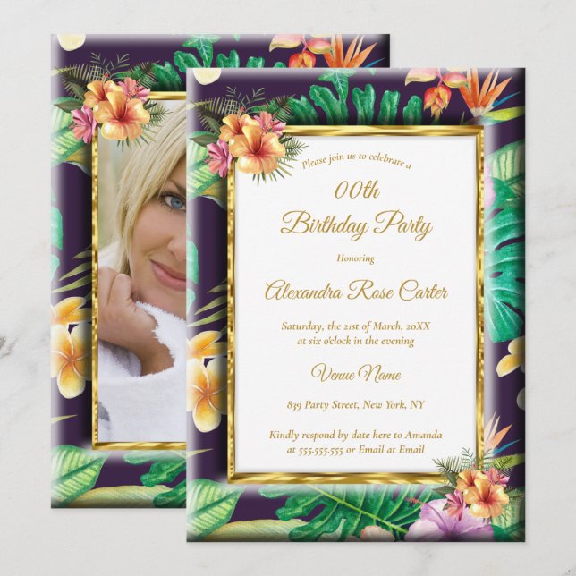 Invitation Fleurs d'été tropicales Gold Photo Anniversaire (Devant / Derrière)