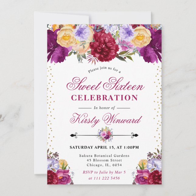 Invitation Fleurs d'été violettes et rouges Sweet sixteen (Devant)