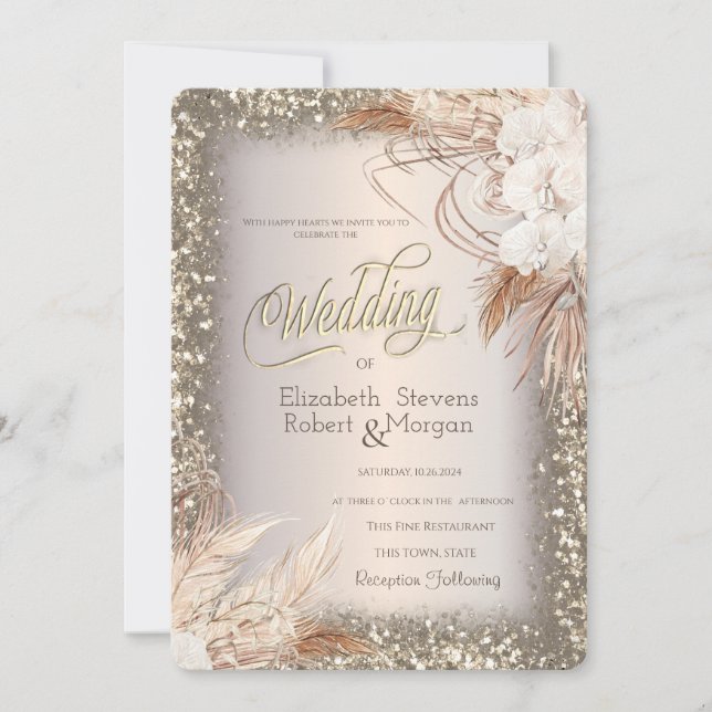 Invitation Fleurs d'herbe des Pampas Cadre scintillantMariage (Devant)