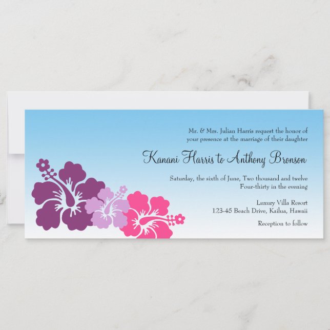 Invitation fleurs d'hibiscus hawaïens violet violet mariage (Devant)