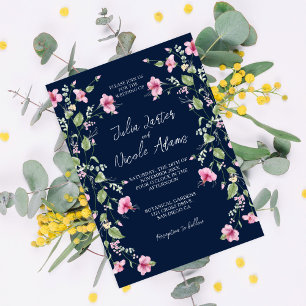 Invitation Fleurs d'Hibiscus Roses Bleu Marine Poussiéreux Ma