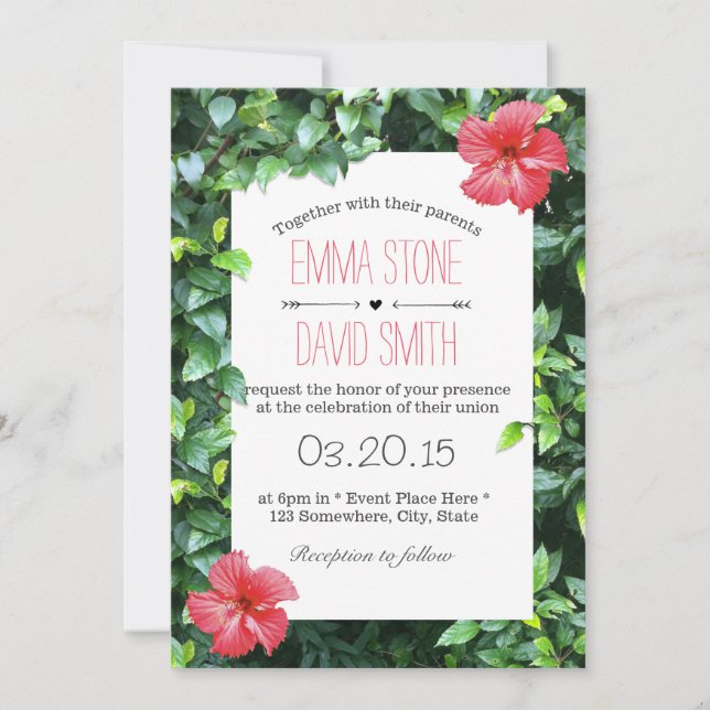 Invitation Fleurs d'Hibiscus rouge tropical Mariage hawaïen (Devant)