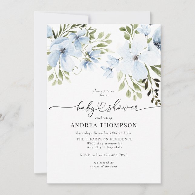 Invitation Fleurs d'hiver | Baby shower bleu (Devant)