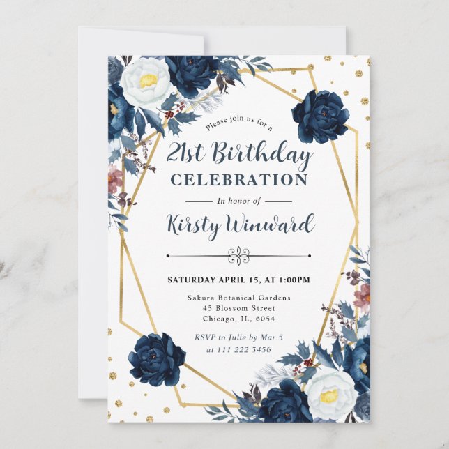 Invitation Fleurs d'hiver bleues et blanches Cadre Anniversai (Devant)