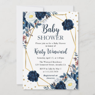 Invitation Fleurs d'hiver bleues et blanches Cadre Baby Showe