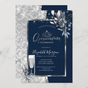 Invitation Fleurs d'hiver, perles de verre Marine bleu Quince