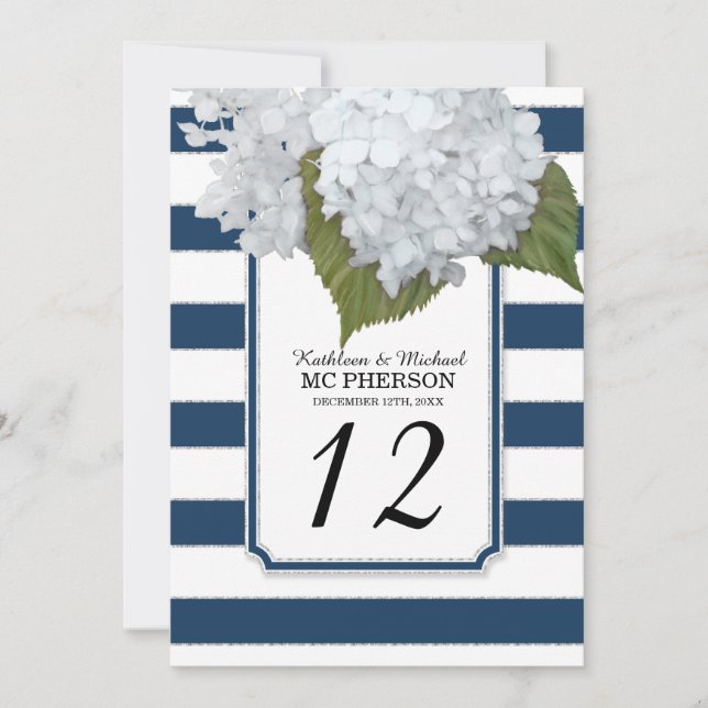 Invitation Fleurs d'hortensia blancs rayures larges navy (Devant)