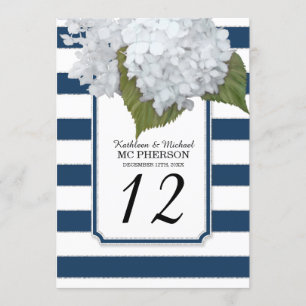 Invitation Fleurs d'hortensia blancs rayures larges navy