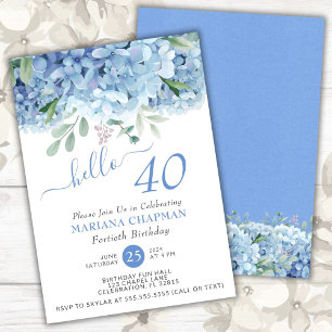 Invitation Fleurs d'hortensias bleus aquarelle 40e anniversai