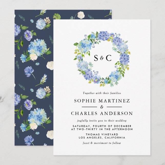 Invitation Fleurs d'Hydrangée Bleue Mariage de couronne (Devant / Derrière)