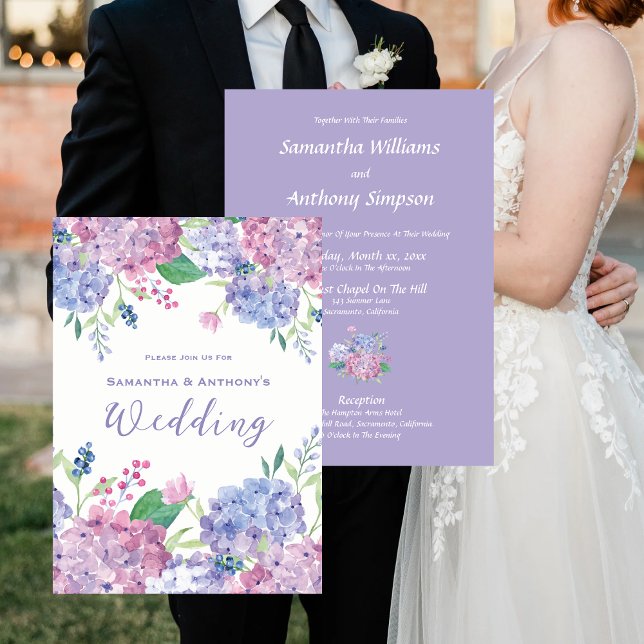 Invitation Fleurs d'Hydrangée, Pourpre doux, Bleu, Mariage (Créateur téléchargé)
