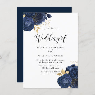 Invitation Fleurs d'Indigo de la Marine Élégant Mariage Toute