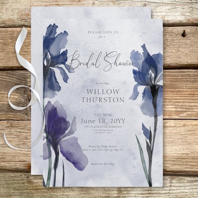 Invitation Fleurs d'Iris Bleu Moderne sur une Baby Shower Ble (Modern Blue Iris Flowers on Blue Bridal Shower Invitation)