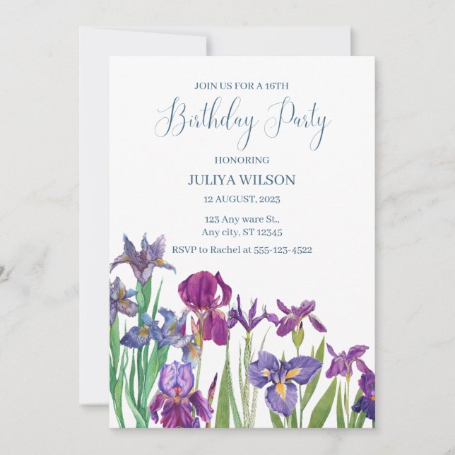Invitation Fleurs d'Iris fête d'anniversaire (Devant)