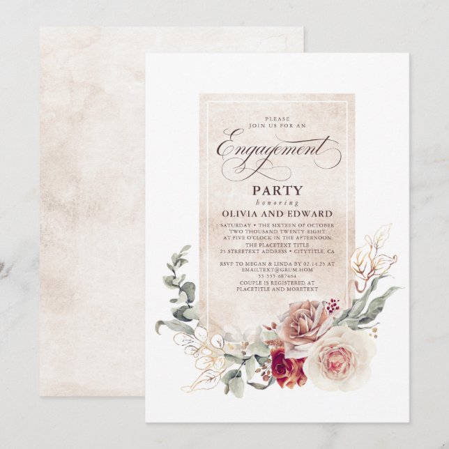 Invitation Fleurs d'ombre Terre Boho Elegant Engagement Party (Devant / Derrière)