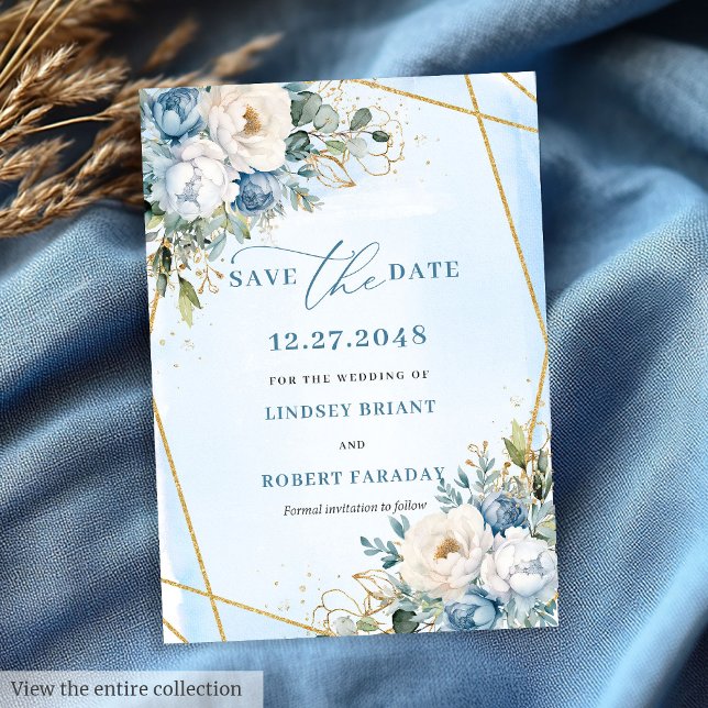 Invitation Fleurs d'or blanc bleu foncé modernes Enregistrer  (Modern Dusty Blue White Gold Flowers Save The Date)