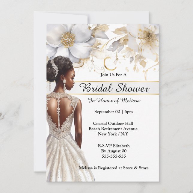 Invitation Fleurs d'or blanches de mariée afro-américaine (Devant)