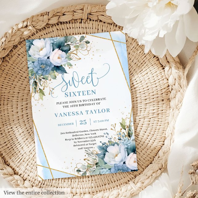 Invitation Fleurs d'or bleu bleu bleu pastel doux 16 (Glitzy Pastel Blue White Gold Flowers Sweet 16 Invitation)